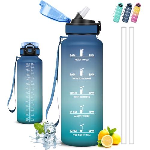 Borraccia 1,5 litri, Borraccia con Cannuccia, Senza Perdite, Borraccia Palestra, Facile da Pulire, Borraccia Graduata, Con Slogan Motivazionale, Borracce per Fitness, Campeggio, Viaggio, Escursionismo