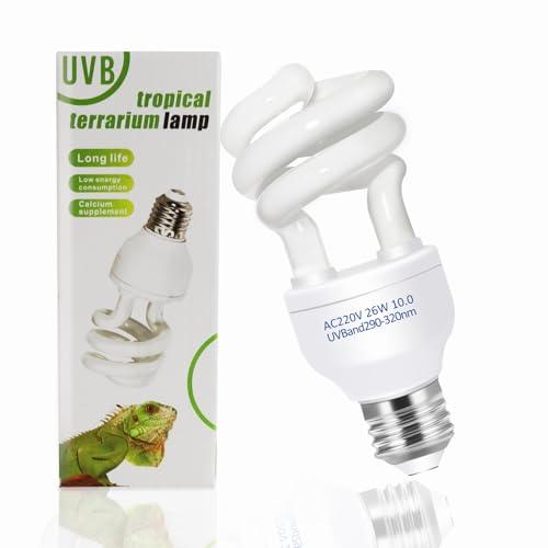 Lampada UVB 10.0 per Rettili 26W, E27 UVA UVB Lampadina Tartaruga, AC 220V Lampada Fluorescente Compatta per Lucertole, Serpente, Camaleonte, Draghi Barbuti