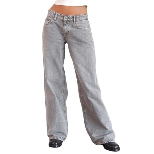 Yassiglia Jeans larghi da donna Y2K a vita bassa a gamba larga jeans boyfriend jeans da donna casual pantaloni larghi con tasca, Gamba larga&grigio, S