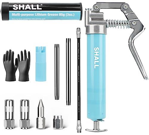 SHALL Mini pistola per grasso, kit piccola pistola per grasso (capacità 3,52 OZ, 3000 PSI) ugello affilato, adattatore di estensione, guanto in PVC rinforzato e detergente per raccordi Zerk