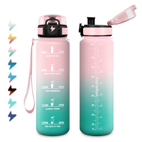 Borraccia 1 Litro, Bottiglia Motivazionale con Filtro, a Prova di Perdite, Bottiglia Acqua Sportiva con Indicatore del Tempo, Facile da Aprire, Borraccia Palestra per Fitness, Viaggi, Scuola