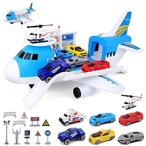 deAO Trasporto Aereo e Set di Giocattoli per Auto, Trasporto Aereo Macchinina Aerei Giocattolo per Bambini con 6 Mini Macchinina10 Segnali Stradali Elicotteri per Bambini