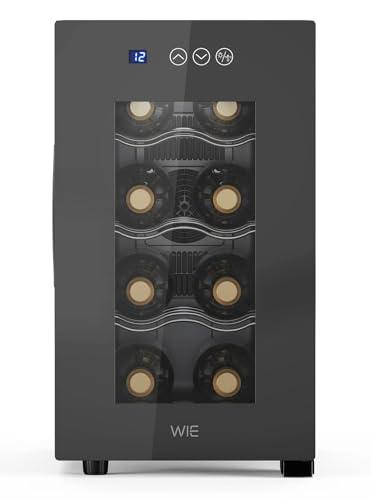WIE Cantinetta Vino 8 Bottiglie, Raffreddamento Termoelettrico, Cantinetta Vino Refrigerata con Controllo touchscreen, Porta in Vetro a Specchio, Ripiani Regolabili, Luce LED, Muto, 5-18℃