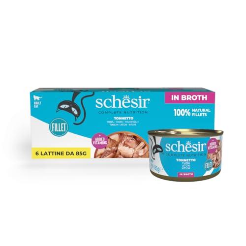 Schesir, Tonnetto in Brodo, Alimento Umido Completo per Gatti, in Lattina, Con Vitamine Aggiunte, 100% Naturale, 6 x 85g