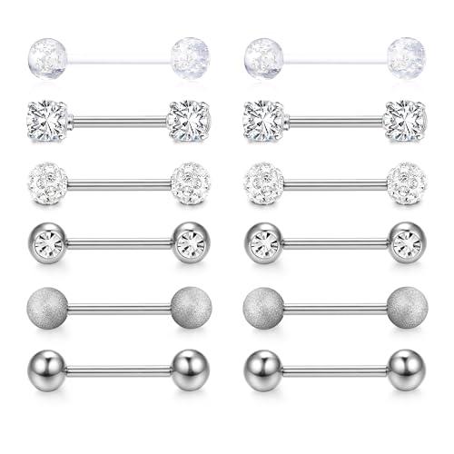 CASSIECA 12Pcs 14G Piercing Capezzolo Piercing Lingua Argento Piercings Lingua Capezzoli Acciaio Chirurgico Argento Barre per Capezzoli Lingua Gioielli per Piercing Barbells Donna 14mm