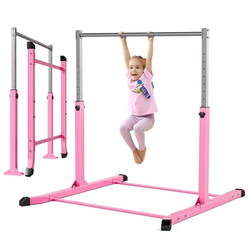 Mosebears Barra da ginnastica, attrezzatura da ginnastica domestica per bambini dai 3 ai 15 anni, struttura in acciaio stabile, antiscivolo, facile da montare, altezza regolabile da 9 a 15 cm, rosa