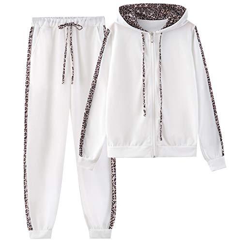 amropi Donna Tuta Sportiva Set Leopardato Maniche Lunghe Felpa con Cappuccio e Jogging Pantaloni (Bianco, S)