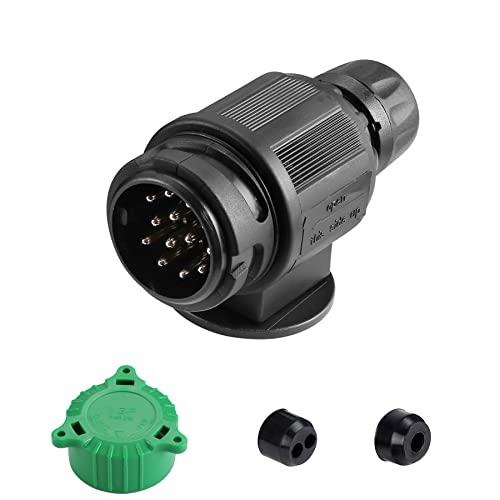 SPARKMOTO Spina 13 Poli Rimorchio Impermeabile,Norma ISO11446,12V Spina Rimorchio 13 Poli per Auto RV Camion Roulotte gancio traino Spina 13 Poli Rimorchio con cappuccio protettivo verde(Breve)