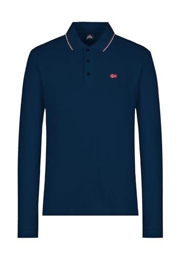 Norway Nautical School, Polo Uomo Manica Lunga, 100% Cotone Piquet, 200 gsm, Colletto e Tre Bottoncini, Stile Sportivo con Logo Ricamato Lato Cuore (IT, Testo, L, Regular, Regular, Blu Navy)