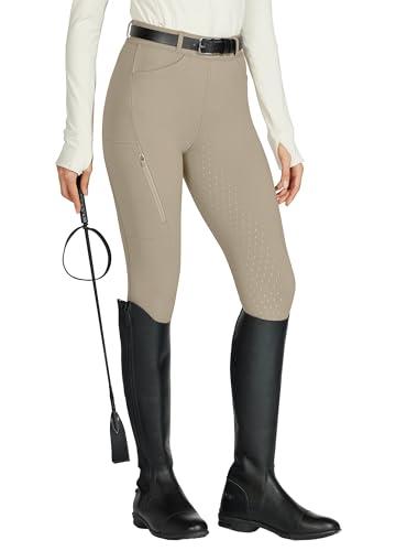 WILLIT Leggings da equitazione da donna, in silicone, con inserti completi, a vita alta, elasticizzati, con tasca con cerniera, passanti per cintura, cachi, S