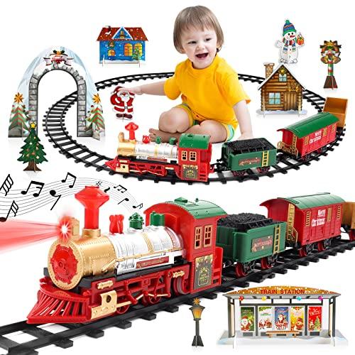 deAO Treno Classico con Luci e Suoni Set Natalizio di Binari, Locomotiva e 4 Carri Treno di Gioco Elettronico per Bambini Decorazioni Natalizie