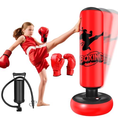 Qoosea Sacco da Boxe per Bambini 6-12 Anni, 160cm Stabile Sacco da Boxe Gonfiabile con Guanti da Boxe, Pratica di Taekwondo Karate Attrezzatura da Allenamento MMA, Regalo per Ragazzi Ragazze