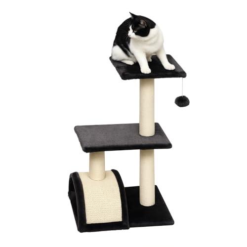 PawHut Albero Tiragraffi per Gatti a 3 Livelli 72 cm con Tappetino Tiragraffi ad Arco, Albero per Gatti Multilivello, Trespolo per Gatti con Pallina in Legno, Peluche e Sisal, Grigio