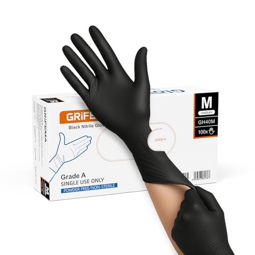 GRIFEMA Guanti Nitrile Monouso Neri – Taglia M, Resistenti, Senza Polvere & Senza Lattice, Alimentari – Ideali per Industria, Laboratorio, Pulizia e Ristorazione (Confezione da 100)