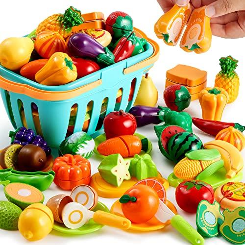 JOYIN 68 Pezzi Giocattolo da Taglio per Cucina per Bambini, Cibo Finto per Cucina da Gioco, Include Frutta e Verdura in Plastica, Cesto Portaoggetti, Giocattoli Finti, Regali per Bambini