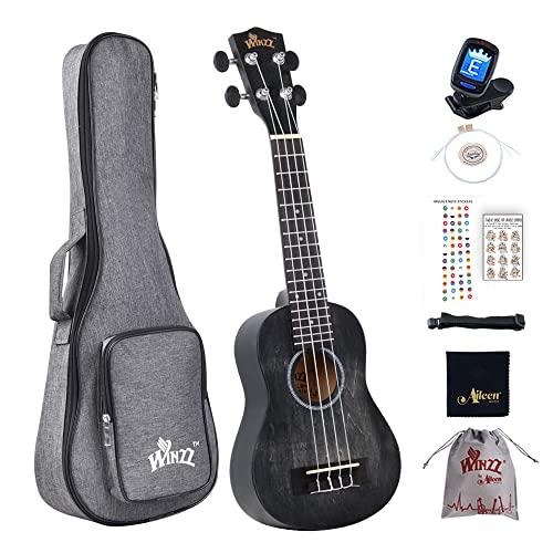 Winzz Ukulele Soprano Adulti Principianti, 21 Pollici Ukulele Bambini Legno, Unico Nero Ukulele Scuola Media Kit, 8 Accessori con Accordatore, Custodia, Tracolla, Corde