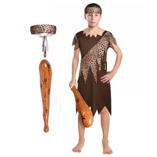 AYBUY Costume da uomo delle caverne per bambini, costume a tema età della pietra, vestito marrone scuro, cintura