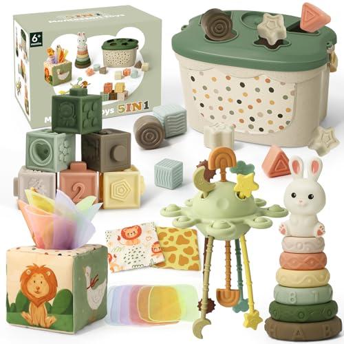 Auezona 5 in 1 Giochi Montessori 6 Mesi – Giochi Neonato 6-9 Mesi con Scatola di Fazzoletti Montessori, Giocattoli Impilabili, Giocattolo di Classificazione | Regalo Bambino 8 9 12 Mesi