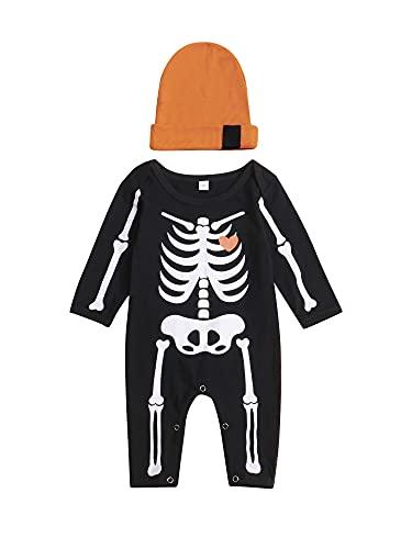 Siyova Completo Neonato Halloween Tuta a Maniche Lunghe+Cappello Pagliaccetto Bambino Forma Pipistrello Tutina con Stampa Teschio Zucca Vestito Neonati Il Mio Primo Halloween (Nero A, 6-9 Mesi)