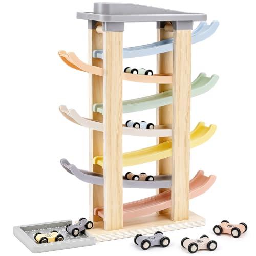Joyreal Giochi Montessori 1 2 anno - Piste Macchinine Cars per Bambini, Giochi Legno Bambini con 8 Mini Auto Giocattolo e Garage Regalo Natale per Bambino Bambina