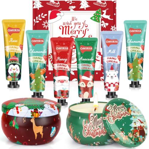 Set Regalo di Natale, 6 Mini Creme Mani,Set di Candele Profumate da 2 Pezzi, Crema Mani Idratante di per Donna, Trattamento Antiage, Regali di Natalizie per Donne