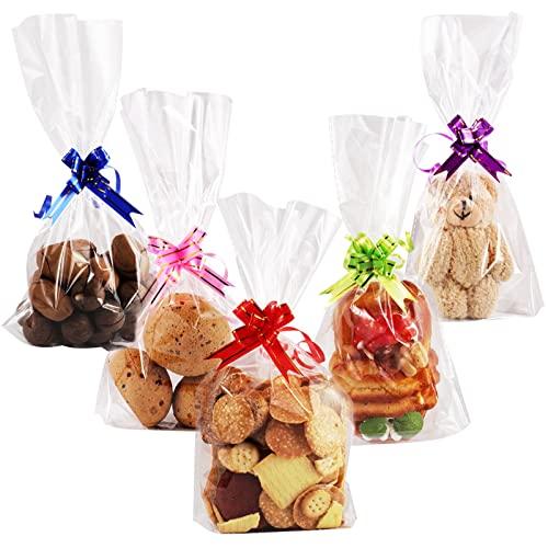 50 Pezzi Natale Sacchetti Trasparenti per Caramelle, 15 x 25 cm Sacchetti Cellophanecon 50 Fiocchi Colorati Sacchetti Regalo Sacchetti per Biscotti Cioccolato Matrimonio Festa