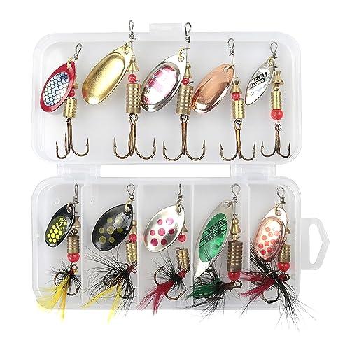 Fhioevt 10 pezzi Cucchiaini da Pesca Esche Artificiali Spinning Esche da Pesca Kit di Esche per Pesci Artificiali da Pesca Spinning Esca Pesca con Scatola di Immagazzinaggio per Trota,Persico,Luccio