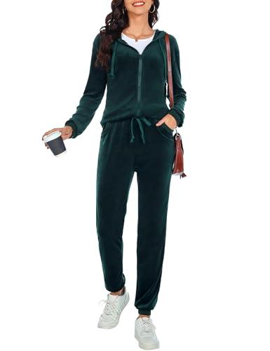 Aottori Tuta Donna Velluto Elegante Tute da Ginnastica Due Pezzi Tuta Completa Sportiva Ciniglia Pigiami Set Felpa con Cerniera e Pantaloni Jogging Invernale Verde Scuro L