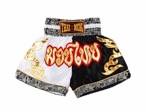 MUAY NATION Pantaloncini Muay Thai per Uomo e Donna, Pantaloncini da Boxe MMA dal Taglio Slim, Abbigliamento da Allenamento per Kickboxing (IT, Testo, L, Regular, Regular, Bianco/Nero)