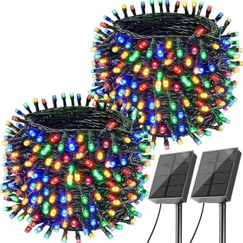 Amzxart Luci Natale Esterno Solare, 2×22m 200led Luci Natale Esterno, 8 Modalità, Ip65 Catena Luminosa Solare, Decorazioni Natalizie per Esterno Balconi, Giardini e Stanze, Colorato
