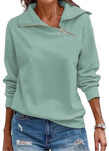 Cuptacc Felpa Donna Casual Tinta Unita Cotone Pullover Donna 2025 Elegante Mezza Zip Scollo a V Autunno Inverno Tops Verde, Medium M 38-40