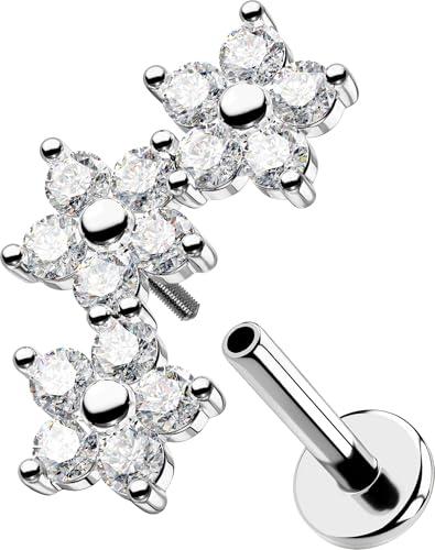 OUFER 16G Piercing Conch Filettato Interno Fiore Orecchini Helix Acciaio Chirurgico 316L Trasparente CZ Gioielli Per il Corpo Per Le Donna 6 mm Lip Stud