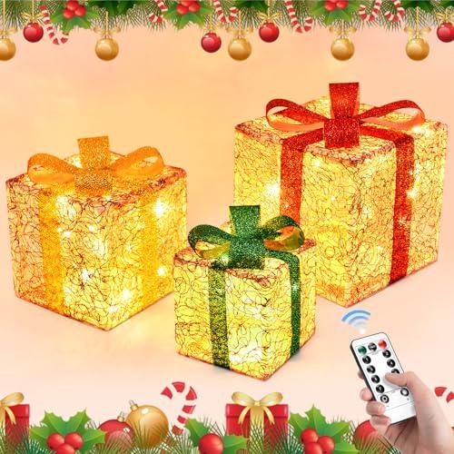 JONRRYIN Set di 3 Scatole Regalo Illuminate di Natale, Pacco Luminoso Con 50 LED, Telecomando, 8 Modalità di Illuminazione, per Esterni Interni Albero (3KIT)