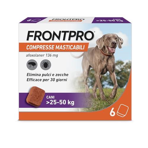 FRONTPRO 6 Compresse Masticabili Antiparassitario per Cani di Peso > 25-50 kg Protegge da Pulci Zecca Uova e Larve Antipulci in Confezione da 6 Compresse da 136 mg di Afoxolaner