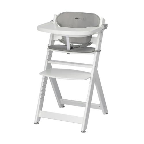 Bebeconfort Timba + Cuscino, Seggiolone Pappa in Legno, 6 mesi-10 anni, 30 kg, con Vassoio, Seduta/Poggiapiedi Regolabili, Compatibile con Sdraietta Timba Baby, White + Gray Mist