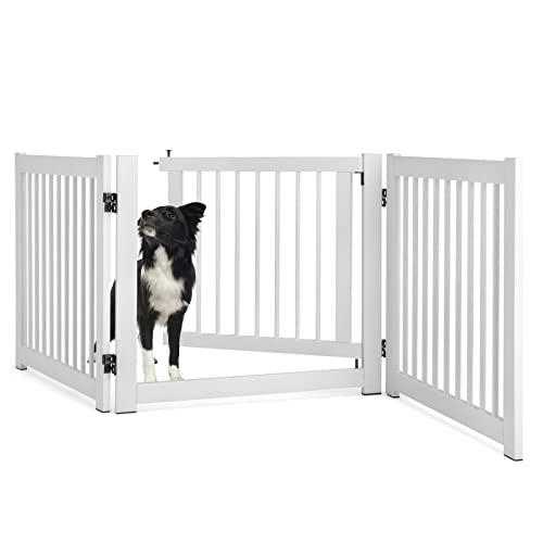 COSTWAY Cancelletto per Cani da Interno in Legno Massello, Design Girevole e Portatile, con 3 Ante, Cuscinetti Antiscivolo e Serratura, Ideale per Cani di Piccola/Media Taglia, 206 x 61 cm (Bianco)
