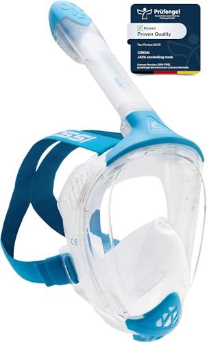 Cressi Java Full Face Mask Clear/Blue L/XL - Maschera Snorkeling Integrale Unisex, Lente Ultra Chiara Anti Fog, 100% Silicone, Snorkel Dry con Valvole Sicurezza, Trasparente/Blu, L/XL