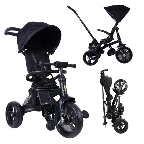Deryan Explorer Triciclo da 9 Mesi fino a 25 kg – Triciclo per Bambini con Maniglione di Spinta – Sedile Girevole – Tettuccio Estensibile con Protezione Solare – Nero