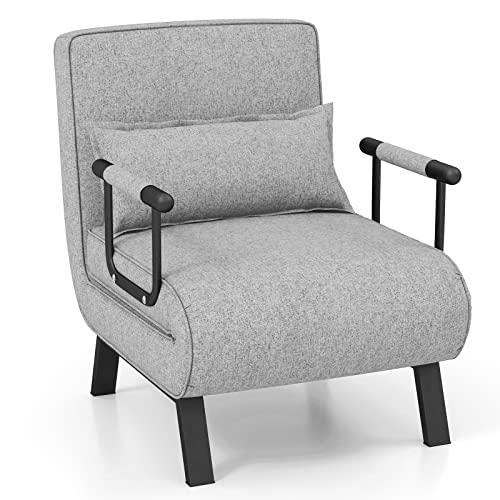 COSTWAY Poltrona Letto, 4 in 1 Poltroncina Pieghevole con Schienale Regolabile in 6 Posizioni, Sedile Imbottito Robusto, Divano Letto Singolo per Casa Ufficio, 79x65x79 cm (Grigio chiaro)