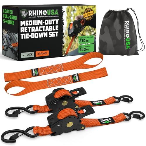 Rhino USA Cinghie di ancoraggio a cricchetto retrattili: resistenza alla rottura massima di 540 kg, include (2) cinghie di ancoraggio retrattili automatiche da 2,5 cm x 3 m con manici imbottiti.