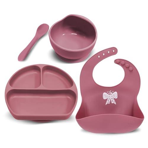 Miracle Baby Set Pappa Svezzamento Silicone Piatto con Ventosa per Bambini Ciotola Antiscivolo Bavaglino et Cucchiaino Set Prima Pappa per Neonato, Senza BPA e Anti Odore 4in (1, Rosso)