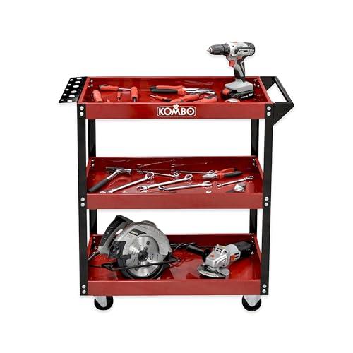 KOMBO - Carrello Portautensili Officina a 3 Ripiani in Acciaio Verniciato, 81x35x80 cm, Portata 150 kg, con Maniglia, Porta Cacciaviti e Ruote 3” – Rosso/Nero