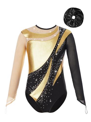 inhzoy Body Ginnastica Artistica Bambina Manica Lunga Balletto Leotards da Danza Classica con Strass Abito da Pattinaggio Artistico Body da Ginnastica Ritmica Performance Oro&Nero 9-10 anni