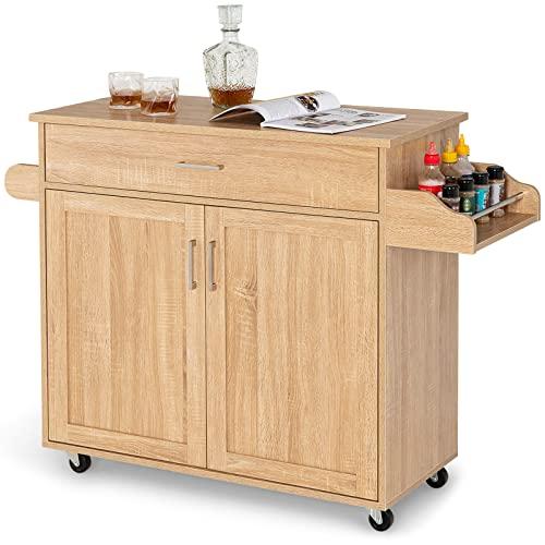 COSTWAY Carrello da Cucina con Ruote di Gomma, Scaffale per Microonde Carrello Servizio, Credenza Cucina Legno Moderno Elegante, 116 x 37 x 85 cm (Naturale)