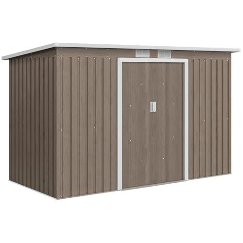 Outsunny Casetta da Giardino 3.2m² in Acciaio Zincato con Kit Fondazione, Prese d'Aria, Capanno Porta Attrezzi con Tetto Inclinato, Doppia Porta Scorrevole Bloccabile, Grigio Effetto Legno