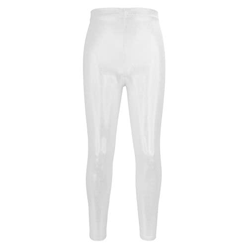 NewL Pantaloni da Ballo per Bambini e Ragazze, da Ginnastica e da Danza Metallizzata Lucida per Costumi da spettacoli (Bianco, 9-10 Anni)