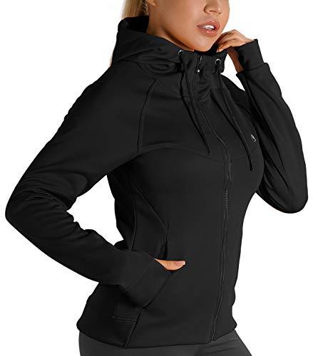 icyzone Giacca Sportiva Donna con Cappuccio,Felpa Termica con Zip e Fori per i Pollici (L,Nero)