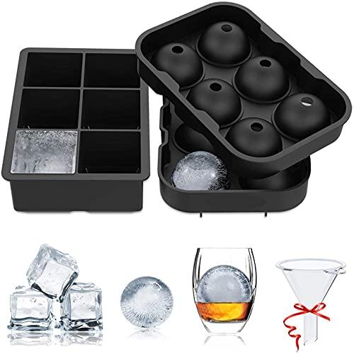 2 Pezzi Cubetti Ghiaccio Silicone, Stampo Ghiaccio Grande & Ice Ball Maker con Imbuto, Rilascio Facile, Senza BPA Stampi Ghiaccio Riutilizzabili per Cocktail, Whisky, Alimenti per Bambini, Frutta