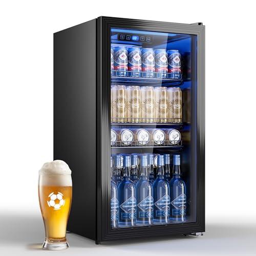 TRIUMPHKEY Frigorifero per Bevande 90 L con Porta in Vetro, Mini Frigo per 128 Lattine, Ripiani Regolabili per Birra, Vino e Bibite, Ideale per Casa, Bar e Ufficio