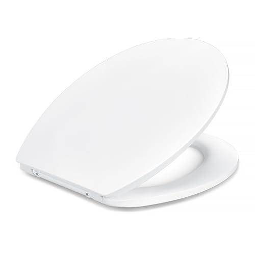 Amazon Basics - Sedile WC per Tutta la Famiglia a Forma di O, Chiusura Ammortizzata, Cerniere a Sgancio Rapido, Misura Universale, Urea Antistatica e Finitura Effetto Porcellana, Bianco